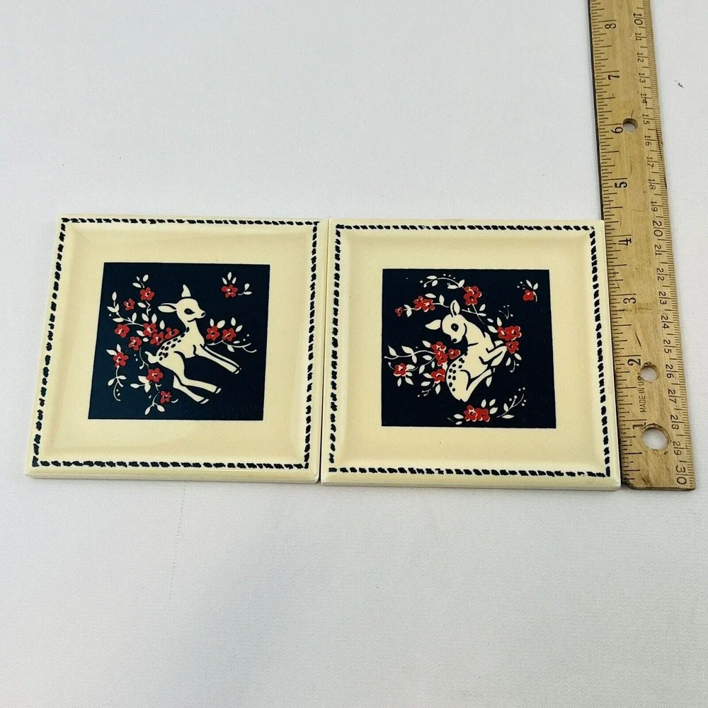 Vintage Kemptone Deer Tile‎ Set of 2 Ivory Blue Pink Flowers 4x4 Original Box